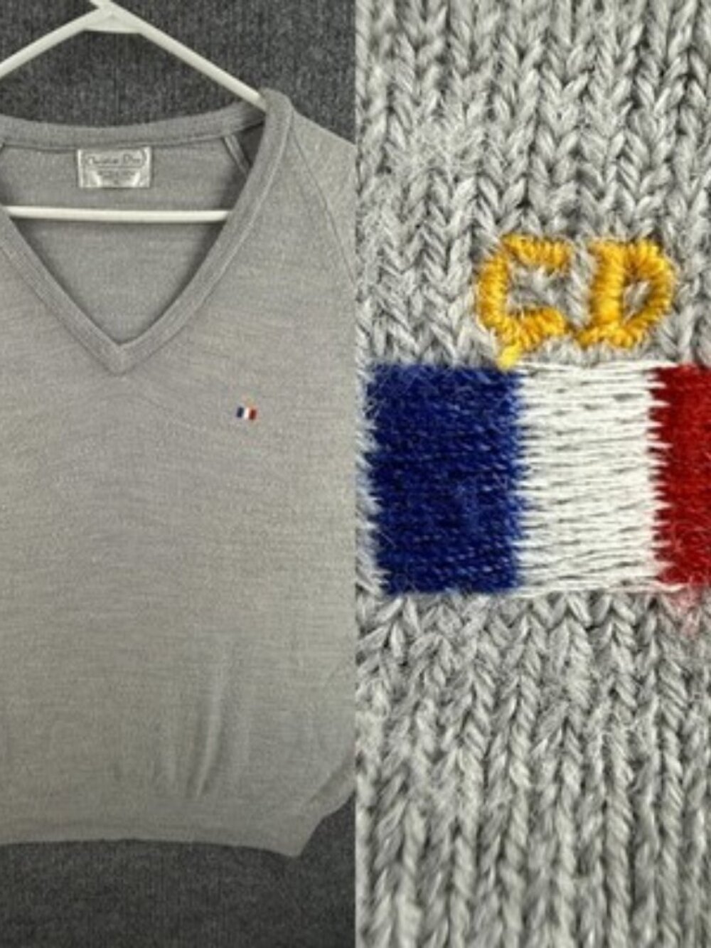 Christian Dior Long Sleeve Logo V-Neck Gray Pullover Acrylic XL USA Sweater Men